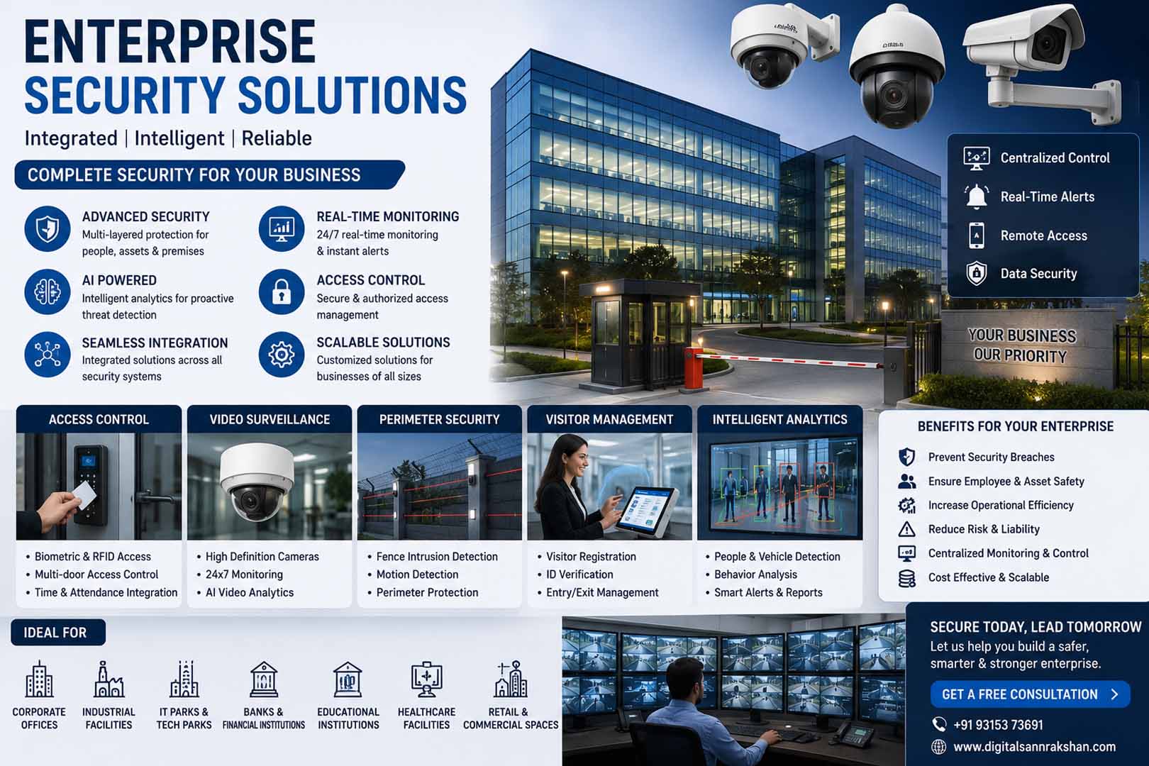 Enterprise Security Solutions featuring AI-powered surveillance cameras, ANPR vehicle management, biometric access control, visitor management, real-time alerts and centralized security monitoring
