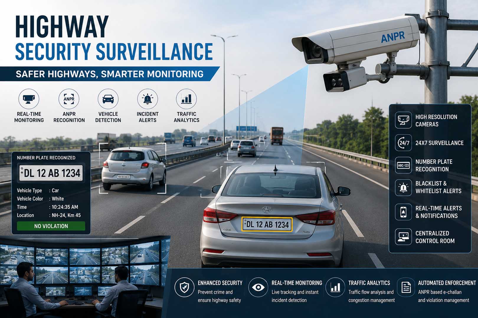 AI-Powered Highway Security Surveillance System featuring ANPR cameras, automatic number plate recognition, vehicle tracking, real-time alerts, traffic analytics and centralized monitoring