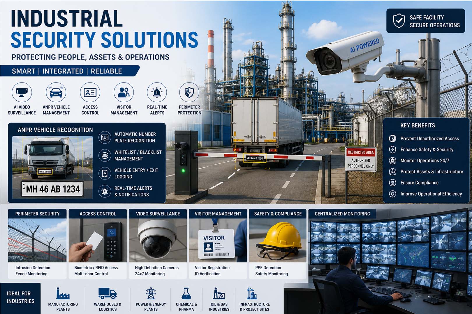 AI-Powered Industrial Security Solutions featuring ANPR vehicle management, intelligent video surveillance, perimeter security, access control, visitor management and centralized monitoring for industrial facilities