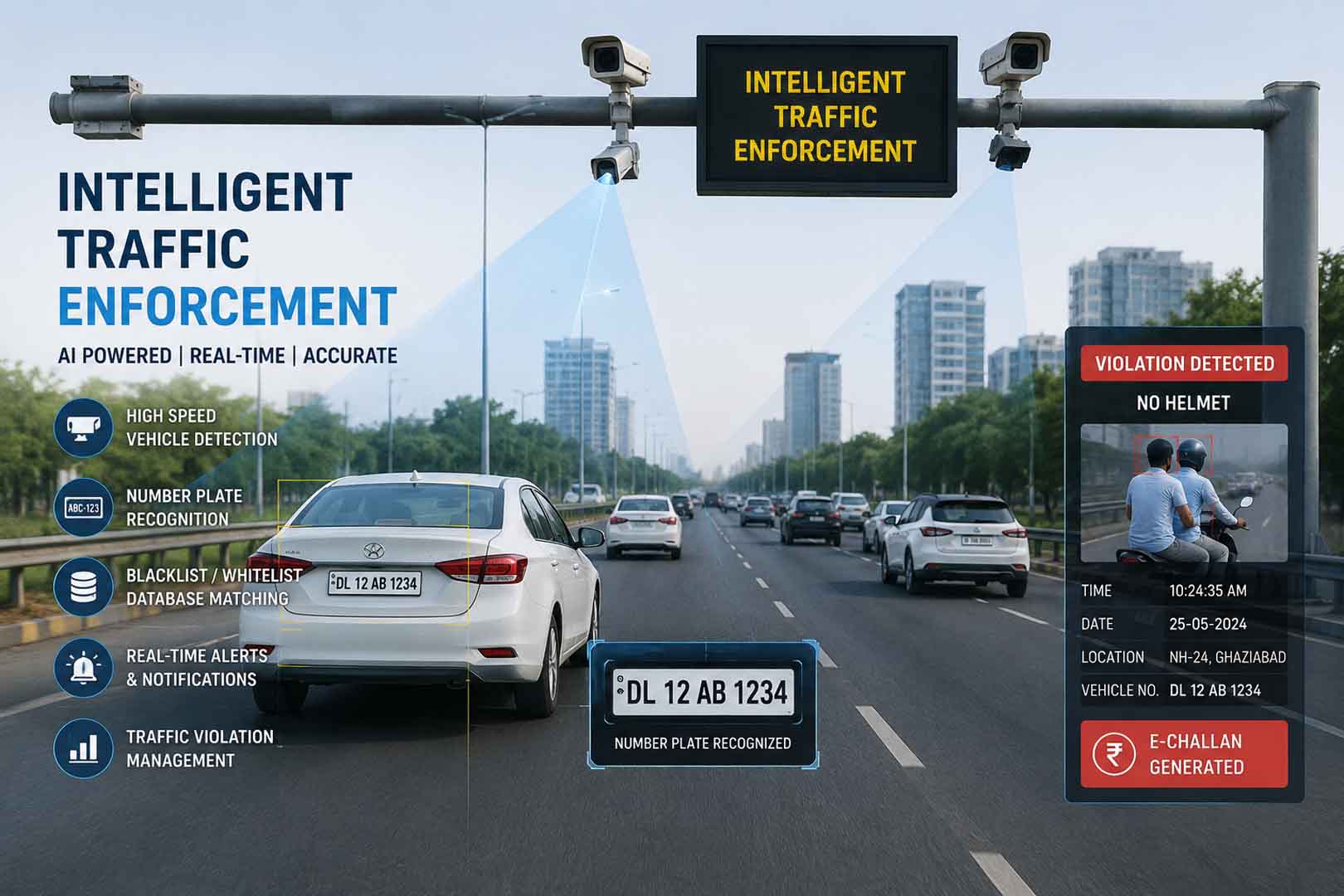 AI-Powered Intelligent Traffic Enforcement System with ANPR Camera, Vehicle Number Plate Recognition, Traffic Violation Detection and E-Challan Generation