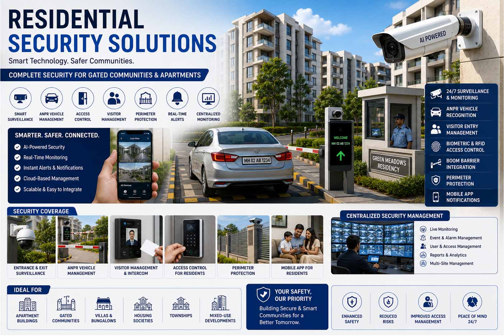 AI-powered Residential Security Solutions featuring smart CCTV surveillance, ANPR vehicle management, visitor management, access control, perimeter protection and real-time monitoring for gated communities and residential societies