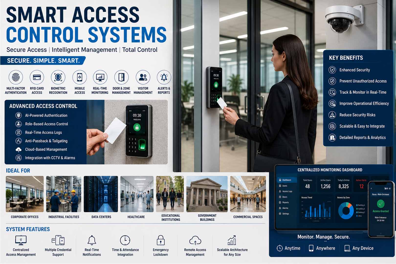 AI-powered Smart Access Control System featuring biometric authentication, RFID card access, mobile credentials, visitor management, real-time monitoring and centralized security management
