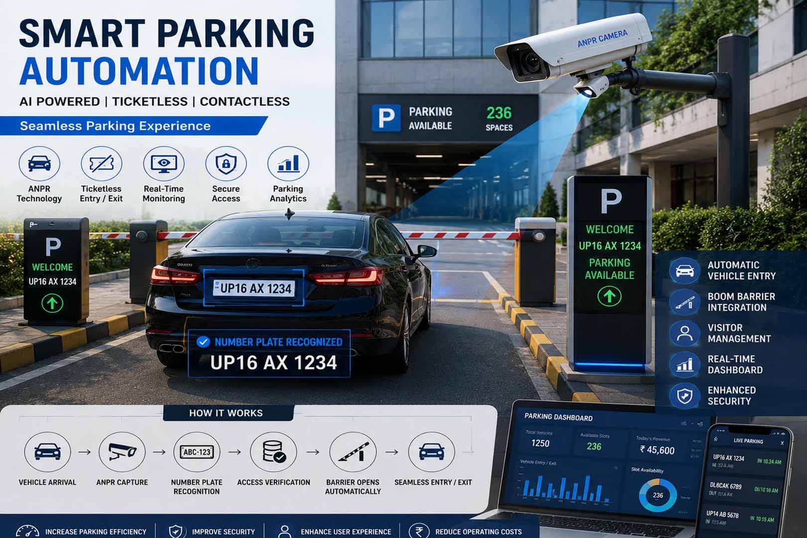 Smart Parking Automation Solution with ANPR Cameras, Ticketless Entry, Vehicle Recognition, Parking Analytics and Automated Access Control.
